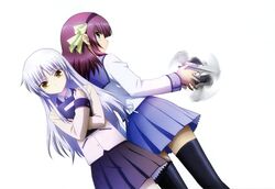  2girls angel_beats! back-to-back black_thighhighs book bow green_eyes grey_hair gun hairband hairbow highres long_hair looking_back multiple_girls nakamura_yuri purple_hair school_uniform serafuku shinda_sekai_sensen_uniform tachibana_kanade thighhighs twirling_gun twirling_weapon very_long_hair weapon yellow_eyes zettai_ryouiki 