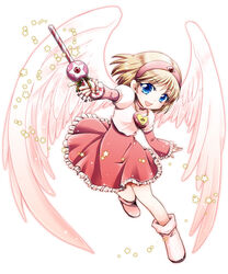  akiyoshi_sadanori blonde_hair blue_eyes boots circle_skirt commentary_request dai_mahou_touge dress female full_body jewelry magical_girl necklace solo star_(symbol) tanaka_punie wand wings 