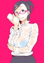  bad_id bad_pixiv_id black_hair blue_bra bra breasts female glasses large_breasts ojo_(dfreak) original pink_background ponytail red-framed_eyewear see-through shirt short_hair simple_background smile solo underwear 