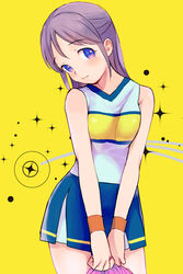  bad_id bad_pixiv_id blue_eyes cheerleader female higebu inazuma_eleven inazuma_eleven_(series) kudou_fuyuka long_hair photoshop_(medium) pom_pom_(cheerleading) purple_hair skirt solo yellow_background 