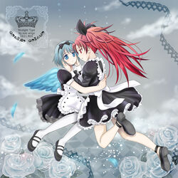  2girls alternate_costume argyle_background ariga_nao bow commentary_request dated enmaided frills hairband hands_on_another&#039;s_cheeks hands_on_another&#039;s_face hug long_hair madoka_runes mahou_shoujo_madoka_magica mahou_shoujo_madoka_magica_(anime) maid miki_sayaka multiple_girls pantyhose sakura_kyoko signature watermark white_legwear wings 