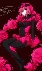  bad_end_happy bad_end_precure bad_id bad_pixiv_id black_bodysuit bodysuit character_name colored_eyelashes commentary_request crossed_legs expressionless female full_body ice_(aitsugai) long_hair low_twintails pink_eyes pink_hair pink_skirt precure sitting skirt smile_precure solo tiara twintails 