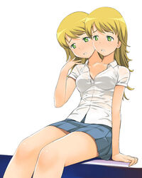  blonde_hair bra conjoined green_eyes hoshii_miki hot idolmaster lingerie long_hair multi_head school_uniform see-through shirt short_hair siamese_twins solo sweat twins underwear wet 