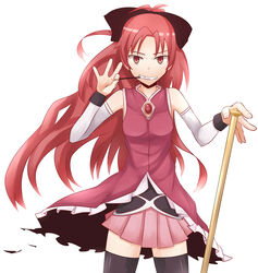  bad_hands bad_id bad_pixiv_id bare_shoulders black_thighhighs bow female food hairbow komaki long_hair magical_girl mahou_shoujo_madoka_magica mahou_shoujo_madoka_magica_(anime) pocky polearm ponytail red_eyes red_hair sakura_kyoko sakura_kyoko_(magical_girl) simple_background solo thighhighs weapon white_background zettai_ryouiki 