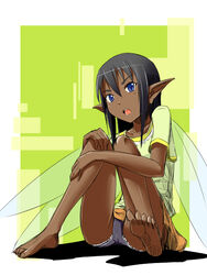  bad_id bad_pixiv_id bare_legs barefoot black_hair blue_eyes blue_shorts border collarbone dark-skinned_female dark_skin denim denim_shorts fairy_wings feet female full_body green_background green_shirt hayashi_ekyuu hugging_own_legs long_hair looking_at_viewer micro_shorts open_mouth original outside_border pointy_ears shadow shirt short_shorts shorts sidelocks simple_background sitting soles solo t-shirt teeth toes underwear upper_teeth_only white_border wings 