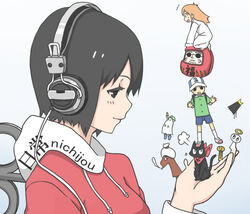  2girls aioi_yuuko animal barefoot baseball_cap bird biscuit_2 black_cat black_eyes black_hair blush cigarette closed_mouth clothed_animal clothes_writing colored_eyelashes commentary_request copyright_name crow crow_(nichijou) daruma_doll feline from_side ghost gradient_background halo hat headphones in_palm kneehighs kneeling lab_coat long_hair long_sleeves looking_at_another mini_person miniboy minigirl mouth_hold multiple_girls nichijou open_mouth orange_hair professor_shinonome profile puff_of_air red_scarf sakamoto_(nichijou) scarf shinonome_nano shoes short_hair short_sleeves shorts smile smoking socks sunglasses sweatdrop takashiro_(takashiro_factory) traditional_halo white_socks winding_key 