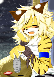  2015 alcohol alternate_version_at_source anthro armband beverage blush breasts chest_wraps closed_eyes cyberconnect2 drecom felid female full_bokko_heroes hand_on_head happy hi_res holding_object mammal megane_inu open_mouth pantherine sake smile solo tiger wraps zhang_fei_(full_bokko_heroes) 