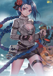  alternate_costume blue_hair braid breasts canking chinese_commentary cleavage_cutout clothing_cutout commentary_request explosive female fingerless_gloves flower gloves gnar_(league_of_legends) grenade hair_flower hair_ornament jinx_(league_of_legends) league_of_legends long_hair looking_at_viewer meme_attire open-chest_sweater photoshop_(medium) ribbed_sweater rose shorts small_breasts snow sweater tattoo twin_braids very_long_hair weapon 