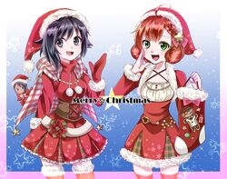  2girls android cape christmas gloves green_eyes hat moromoimaru multicolored_hair multiple_girls penny_(rwby) ruby_rose rwby santa_hat short_hair silver_eyes skirt 