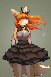  3doss absurdres animal_ears black_dress blue_eyes breasts commentary_request dress female fox_ears fox_tail furry furry_female grey_background hair_between_eyes hair_ornament highres looking_at_viewer medium_breasts orange_hair original photoshop_(medium) signature simple_background standing tail 