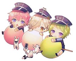  3boys abandon_ranka akita_toushirou blue_eyes chibi color_coordination commentary_request dango eating food gokotai gokotai&#039;s_tigers green_hair hat male_focus mini_person miniboy mouri_toushirou multiple_boys oversized_food oversized_object pink_hair purple_eyes sanshoku_dango shorts smile tiger tiger_cub touken_ranbu wagashi white_hair white_tiger yellow_eyes 