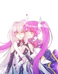  2girls aisha_landar bare_shoulders blush code:_sariel_(elsword) commentary_request elsword eve_(elsword) facial_mark gradient_hair hair_intakes heart highres hug long_hair long_sleeves magical_girl metamorphy_(elsword) multicolored_hair multiple_girls one_eye_closed parted_lips pink_hair purple_hair sleeves_past_wrists smile sulleah twintails very_long_hair yellow_eyes yuri 