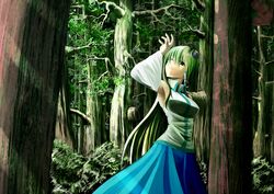  bad_id bad_pixiv_id blue_eyes blush breasts female forest frog green_hair hair_ornament highres kochiya_sanae large_breasts long_hair marubororaito nature skirt snake solo touhou tree 