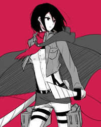  black_hair cape dinikee dual_wielding female jacket looking_away mikasa_ackerman monochrome pink_background scarf shingeki_no_kyojin short_hair simple_background spot_color sword weapon 