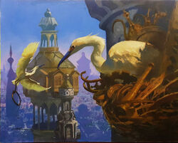  2015 avian beak bird building christopher_moeller city cityscape crane_(bird) duo feral gruiform hasbro long_neck lying magic:_the_gathering nest official_art perspective signature sitting solo_focus spread_wings spyglass traditional_media_(artwork) wings 