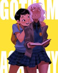  backpack bag batman_(series) black_eyes black_hair blazer book copyright_name dark_skin dc_comics gotham_academy maps_mizoguchi miniskirt multiple_girls necktie olive_silverlock plaid plaid_skirt pleated_skirt reading red_eyes school_uniform shirt short_hair skirt sweater_vest t-shirt white_hair yellow_background 