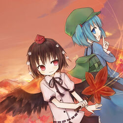  2girls amakaze_sora aqua_eyes aqua_hair backpack bad_id bad_pixiv_id bag black_hair cloud hair_bobbles hair_ornament hair_ribbon hat kawashiro_nitori leaf lowres maple_leaf mountain multiple_girls red_eyes ribbon shameimaru_aya sunset tokin_hat touhou wings 