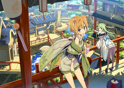  5girls :d animal_ear_fluff animal_ears architecture bent_over blue_eyes brown_hair building commentary_request east_asian_architecture fox_ears fox_tail from_above green_hair long_hair looking_at_viewer multiple_girls open_mouth original photoshop_(medium) poco_(asahi_age) red_eyes shiratama_kitsune short_hair smile tail two_side_up wind_chime yukimi_(poco) 