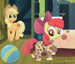  2013 accessory amber_eyes apple_bloom_(mlp) apple_print apple_print_bedding applejack_(mlp) ball bedding bedroom blonde_hair bow_(feature) bow_accessory bow_ribbon centered_hair_bow clothed clothed_feral clothing cutie_mark digital_media_(artwork) door duo earth_pony equid equine female feral floral floral_clothing floral_pajamas floral_pattern floral_print food_print food_print_bedding friendship_is_magic fruit_print fruit_print_bedding fur green_eyes hair hair_accessory hair_ribbon hairbow hasbro horse inside mammal my_little_pony orange_body orange_fur pajamas pattern_clothing pattern_pajamas plant_print pony print_clothing print_pajamas red_hair ribbons sibling_(lore) sister_(lore) sisters_(lore) smudge_proof wood yellow_body yellow_fur young young_feral 