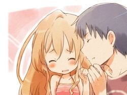  1boy aisaka_taiga blush closed_eyes commentary_request couple female long_hair shirotaka_(shirotaka) straight takasu_ryuuji toradora! 