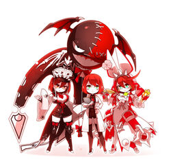  3girls ahoge antenna arc_system_works aria_(guilty_gear) balloon breasts bridal_veil chibi cleavage clipboard clover dress dual_wielding elphelt_valentine explosive food four-leaf_clover fruit gloves green_eyes grenade guilty_gear guilty_gear_2 guilty_gear_xrd gun hat high_heels labcoat large_breasts lucifero multiple_girls necktie red_eyes red_hair san_(winteroll) short_hair smile spikes strawberry thighhighs valentine_(guilty_gear) veil weapon wedding_dress white_dress 