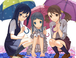  3girls anjou_naruko ano_hi_mita_hana_no_namae_wo_bokutachi_wa_mada_shiranai. barefoot blue_eyes blue_hair brown_eyes brown_hair commentary_request dress earrings feet frills glasses highres honma_meiko jewelry light_smile long_hair md5_mismatch mocha_(snowflake) multiple_girls photoshop_(medium) resolution_mismatch simple_background sleeves_rolled_up source_smaller tsurumi_chiriko twintails umbrella 