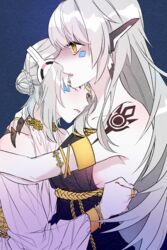  2girls bare_shoulders claws code:_sariel_(elsword) code:_ultimate_(elsword) commentary_request elsword eve_(elsword) facial_mark frown grey_hair highres hug long_hair mechanical_ears multiple_girls open_mouth sulleah symbol tattoo yuri 