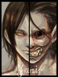  androgynous border character_name commentary_request dual_persona female freckles highres ine_(namichidori) jaw_titan monster pale_skin portrait shingeki_no_kyojin spoilers titan_(shingeki_no_kyojin) ymir_(shingeki_no_kyojin) 