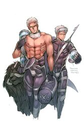  2boys boner diving_gear glaugan king_of_fighters krizalid male_only muscular muscular_male original_zero scar simple_background sirtless snk tagme wet white_background 