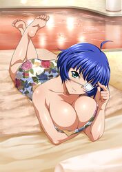  ass blue_hair breasts cleavage covering eyepatch female floral_print green_eyes highres ikkitousen large_breasts laying_on_bed lying mole naked_towel official_art ryomou_shimei short_hair smile solo towel waifu2x 