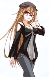  brown_hair character_name commentary_request female glasses hat lindoh_flores long_hair original photoshop_(medium) red-eyes_macadamiachoco solo 