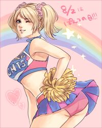  ass bad_id bad_pixiv_id bent_over blonde_hair blue_eyes breasts cheerleader crop_top female juliet_starling large_breasts lips lollipop_chainsaw lotter75 midriff miniskirt one_eye_closed panties pantyshot pink_panties pleated_skirt pom_pom_(cheerleading) scrunchie short_twintails skirt solo twintails underwear 