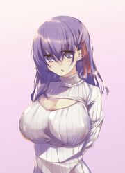  :o alternate_costume arms_behind_back breasts cleavage cleavage_cutout clothing_cutout commentary_request fate/stay_night fate_(series) female gradient_background hair_ribbon highres large_breasts long_hair matou_sakura meme_attire open-chest_sweater purple_background purple_eyes purple_hair ribbed_sweater ribbon solo souyoku sweater turtleneck upper_body 