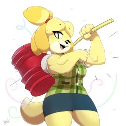  2018 4_fingers absurd_res animal_crossing biceps blonde_hair bottomwear breasts button_(fastener) canid canine canis cewljoke clothed clothing conditional_dnp digital_media_(artwork) dipstick_tail domestic_dog eyelashes female fingers fully_clothed fur green_clothing green_topwear green_vest hair hammer hi_res isabelle_(animal_crossing) looking_at_viewer mammal markings multicolored_tail muscular muscular_female nintendo one_eye_closed open_mouth plaid portrait shih_tzu signature simple_background skirt solo super_smash_bros. super_smash_bros._ultimate tail tail_markings three-quarter_portrait tied_hair tools topwear toy_dog vest white_background wide_hips wink yellow_body yellow_fur 