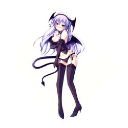  bat_wings black_lingerie black_panties black_thighhighs blue_hair blush breast_hold chelsea_arcot cleavage demon_girl duplicate garter_straps hair_ornament high_heels high_res iro_ni_ide_ni_keri_waga_koi_wa ko~cha lingerie long_hair misono_misono oppai pantsu photoshop purple_hair shoes shukufuku_no_campanella shy side-tie_panties solo stockings string_panties succubus tagme tail thighhighs very_long_hair wings 