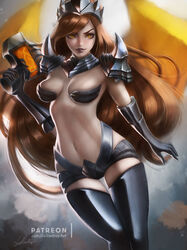  armor bikini_armor black_gloves black_thighhighs blurry blurry_background breasts cleavage commentary cowboy_shot crown d.va_(overwatch) d.va_the_destroyer elbow_gloves english_commentary female gloves heroes_of_the_storm holding holding_weapon lipstick lolliedrop long_hair looking_at_viewer makeup navel official_alternate_costume overwatch overwatch_1 parted_lips patreon_username red_hair sakimichan_(style) shoulder_armor signature solo standing thigh_gap thighhighs weapon yellow_eyes 