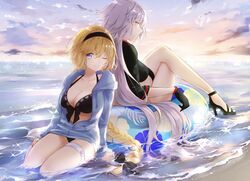  2girls ;) beach bikini black_bikini black_bow black_footwear black_gloves black_hairband black_jacket blonde_hair blue_innertube blue_jacket bow braid breasts brown_eyes cleavage closed_mouth cloud cloudy_sky commentary_request drawstring fate/grand_order fate_(series) floral_print front-tie_bikini_top front-tie_top gloves grey_hair hair_between_eyes hairband hairbow hibiscus_print high_heels highres hood hood_down hooded_jacket horizon innertube jacket jeanne_d&#039;arc_(fate) jeanne_d&#039;arc_(swimsuit_archer)_(fate) jeanne_d&#039;arc_(swimsuit_archer)_(first_ascension)_(fate) jeanne_d&#039;arc_alter_(fate) jeanne_d&#039;arc_alter_(swimsuit_berserker)_(fate) long_hair long_sleeves looking_at_viewer looking_back medium_breasts multiple_girls one_eye_closed outdoors print_innertube profile purple_eyes sand sandals sena_tea29 shoes single_braid sitting sky smile strappy_heels swim_ring swimsuit very_long_hair water white_footwear yokozuwari 