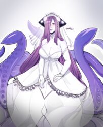  2017 artist_name bare_shoulders blush bracelet breasts bridal_gauntlets bridal_veil bride cleavage dress elbow_gloves gloves hair_over_one_eye highres jewelry kraken_(monster_girl_encyclopedia) large_breasts long_hair monster_girl monster_girl_encyclopedia nail_polish necklace pale_skin pearl_bracelet pearl_necklace purple_eyes purple_hair purple_nails ring scylla simple_background smile sucaciic tentacle veil very_long_hair wedding_band wedding_dress white_dress white_gloves 