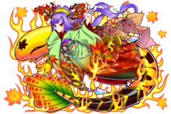  autumn_leaves blue_hair commentary_request dragon_egg female fire hair_ornament hair_stick highres horns japanese_clothes kimono leaf leaf_print long_hair looking_at_viewer maple_leaf mito_amatsu oni_horns pointy_ears red_eyes salamander solo very_long_hair wide_sleeves 