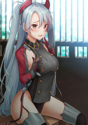  antenna_hair armpit_cutout azur_lane black_panties blush breasts brown_eyes clothing_cutout commentary_request cross day female garter_straps grey_hair groin hair_between_eyes hand_on_own_chest hand_up headgear highres index_finger_raised indoors iron_cross kelly_0w0 large_breasts long_hair looking_at_viewer mole mole_on_breast multicolored_hair open_mouth panties prinz_eugen_(azur_lane) red_hair sitting smile solo streaked_hair thighhighs thighs two_side_up underwear very_long_hair window 