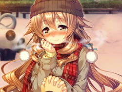  1boy amakano blush brown_eyes brown_hair coat drill_hair female game_cg hand_holding hoshikawa_koharu long_hair piromizu scarf smile 