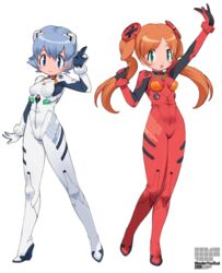  2girls :d arm_at_side arm_up ayanami_rei ayanami_rei_(cosplay) blue_eyes blue_hair blush bodysuit bracer breasts brown_hair buttons clenched_hand closed_mouth clothes_writing commentary_request cosplay covered_nipples dated emblem english_text full_body gloves green_eyes hand_up happy headgear impossible_bodysuit impossible_clothes interface_headset large_buttons legs_apart legs_together light_smile logo long_hair looking_at_viewer multiple_girls neon_genesis_evangelion official_art open_mouth parted_bangs pilot_suit plugsuit red_bodysuit red_eyes reset_(wonder_festival) salute short_hair simple_background skin_tight small_breasts smile souryuu_asuka_langley souryuu_asuka_langley_(cosplay) standing turtleneck twintails two-finger_salute wanda_(wonder_festival) white_background white_bodysuit wonder_festival wonder_festival_mascots yoshizaki_mine 