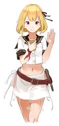  belt blonde_hair cellphone crop_top crop_top_overhang enterprise_(pacific) female gun handgun holding holster iphone jeanex kantai_collection looking_at_viewer midriff navel original pacific_(kancolle) phone red_eyes short_hair simple_background smartphone smile solo thigh_gap united_states weapon white_background 