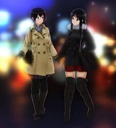  2girls bad_id bad_pixiv_id belt_boots bespectacled black_eyes black_footwear black_hair blue_eyes blush boots coat cross-laced_footwear glasses highres holding_hands k-on! lace-up_boots manabe_nodoka multiple_girls pantyhose sasaken takahashi_fuuko thigh_boots thighhighs yuri zettai_ryouiki 