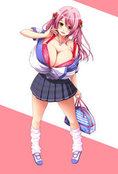  aizawa_momoka big_breasts blush bra breasts brown_eyes btk cleavage female female full_body honoo_no_haramase_paidol_my_star_gakuen_z huge_breasts long_hair looking_at_viewer open_mouth pink_hair school_uniform smile solo squeez standing 