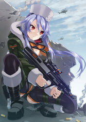  aircraft assault_rifle battlefield_(series) battlefield_4 belt_boots black_footwear boots breasts bullpup cleavage cloud commentary_request female fur_boots fur_hat goggles goggles_around_neck gun gunship hat helicopter is_ii knee_boots long_hair medium_breasts mi-28 on_one_knee photoshop_(medium) purple_hair red_eyes ribbed_legwear rifle sky solo steyr_aug taking_cover thighhighs trigger_discipline vertical_foregrip weapon 