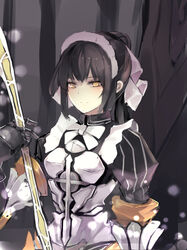  black_hair bow bowtie commentary_request female gauntlets hairbow highres holding long_hair looking_at_viewer maid maid_headdress narberal_gamma overlord_(maruyama) ponytail smile solo upper_body white_bow yellow_eyes yu_kitsune 