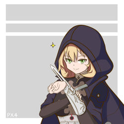  armor assassin&#039;s_creed_(series) blonde_hair character_name cloak commentary_request concealed_weapon female girls&#039;_frontline green_eyes hidden_blade_(assassin&#039;s_creed) looking_at_viewer parody px4_storm_(girls&#039;_frontline) short_hair simple_background solo upper_body weapon yukii_(ycchrislin) 