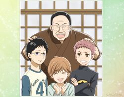  3boys :d aged_down ayase_chihaya black_hair blue_eyes brown_eyes chihayafuru clenched_teeth closed_eyes commentary_request facing_viewer female glasses hands_up harada_hideo indoors lolicon looking_at_viewer mashima_taichi matatabi_(ygwkw8kh21n12mx3fdjb) multiple_boys official_style open_mouth shirt smile t-shirt teeth wataya_arata 