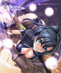  ass black_hair bodysuit breasts female female fuuma_tokiko kagami_hirotaka large_breasts looking_at_viewer smile taimanin_asagi taimanin_asagi_battle_arena weapon 